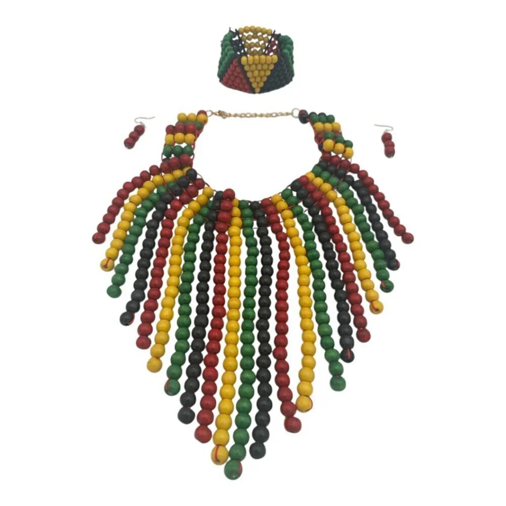 4-Piece Wooden Bead Jewelry Set – Necklace, Bracelet & Earrings